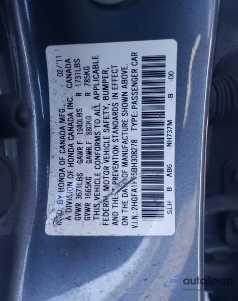 2011 Honda Civic Lx z USA, uszkodzony, nr VIN 2HGFA1F55BH308278
